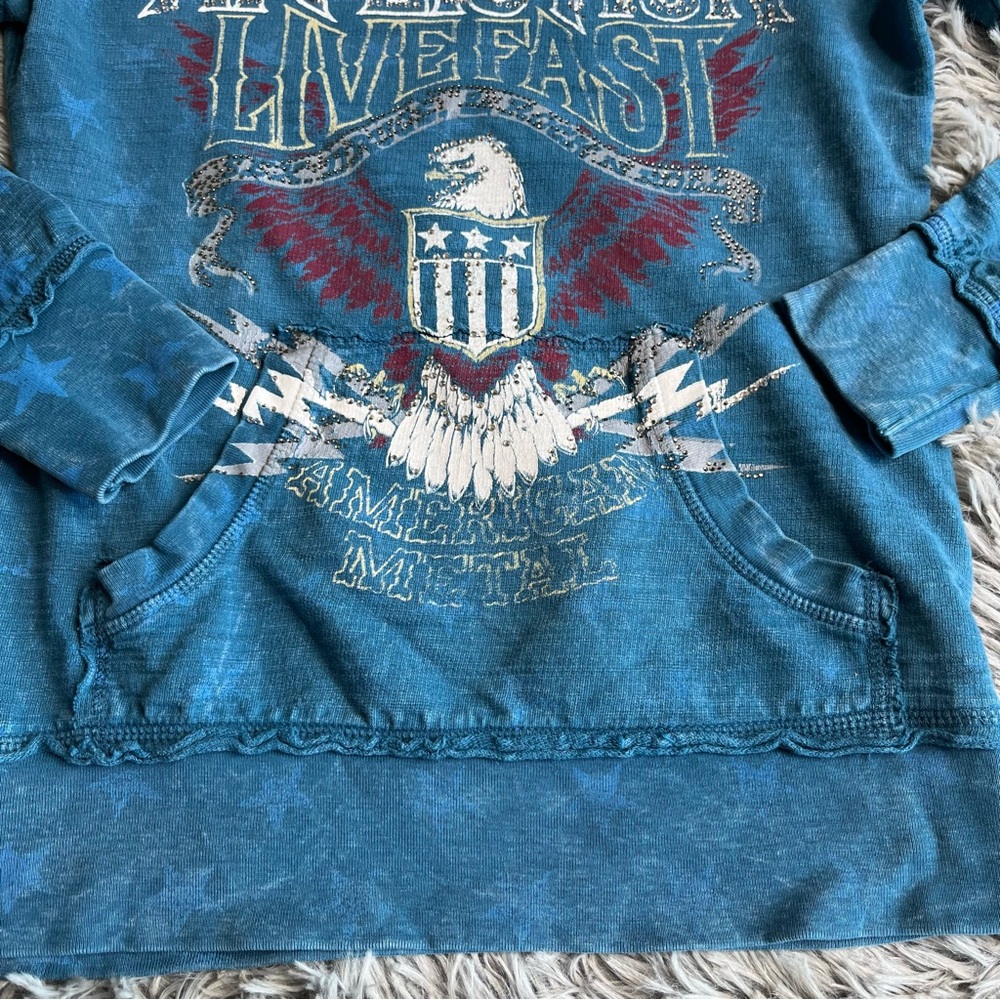 Affliction Hoodie Womens Small Embellishment Spellout Eagle Detach Hood Blue - Picture 3 of 16